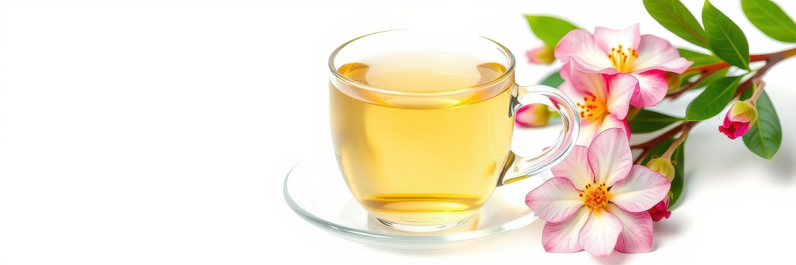 Tea cup surrounded by pink flowers on a white background creates a serene atmosphere